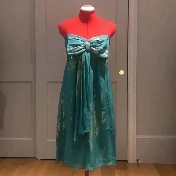 Nicole Miller Strapless Turquoise & Gold Dress Sz8 - Picture 1 of 8